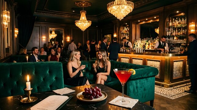 Elegant Interior of a Upscale Lounge with Patrons Enjoying Drinks and Conversation Around a Lush Green Booth Seating Area Lit by Warm Chandeliers and