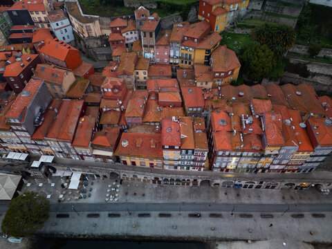 Aerial view of the roofs of houses in Porto old town, Portugal, Europe.