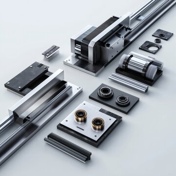 Precision Linear Motion Components and Bearings Arrange on White Surface