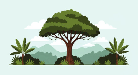 Vector flat design illustration of a lush green tree with surrounding foliage and distant misty mountains under a clear © denijulianto