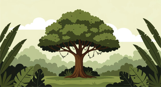 Vector flat design illustration of a large, lush tree with hanging vines in a vibrant jungle landscape with soft green