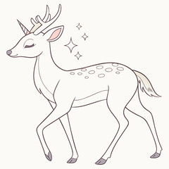 Fototapeta premium Vector illustration of a pale unicorn with antlers and speckled coat outlined in lavender tones mythical