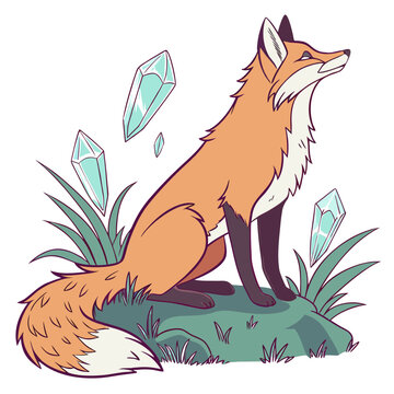 A red fox sits amongst crystalline formations in a detailed vector illustration with a white background