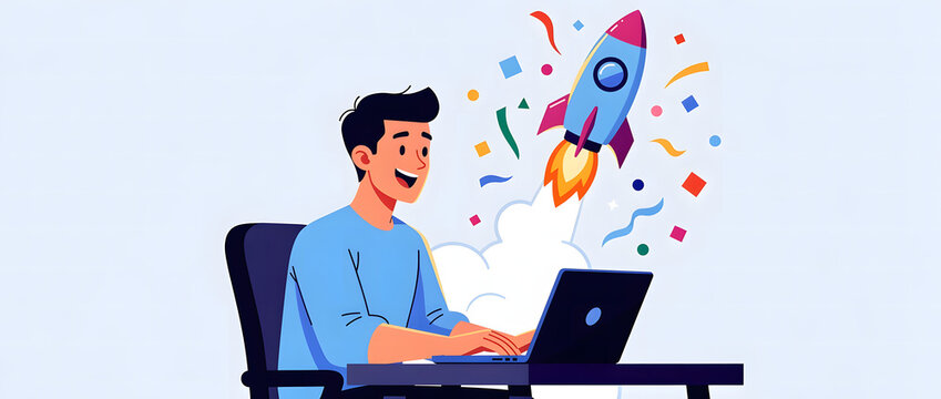 A man enthusiastically typing on a laptop with a colorful rocket launching from the screen, signifying a productive work session and a successful project.