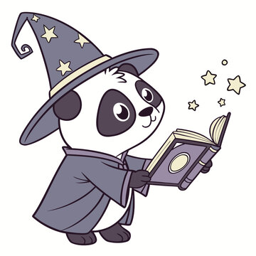 Baby panda wizard reading a spellbook a colorful vector illustration on a white background cub young