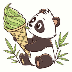 Baby panda holding a large green ice cream cone a colorful vector illustration with bamboo leaves © md ruhul11