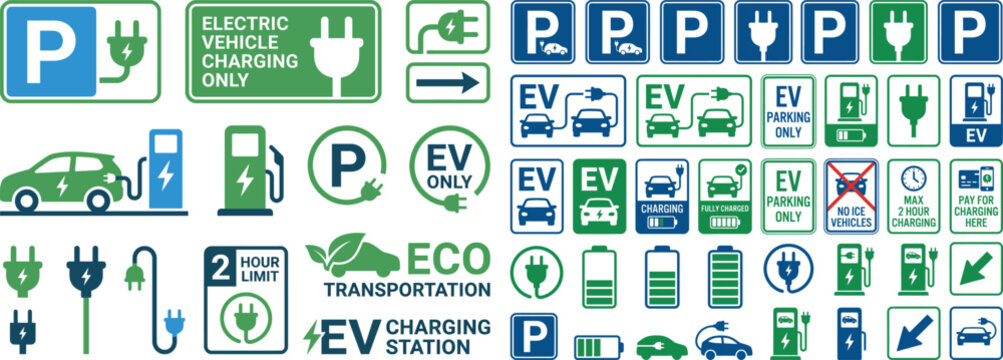Electric Vehicle Charging Station Signs and Symbols Collection for Eco-Friendly Transportation