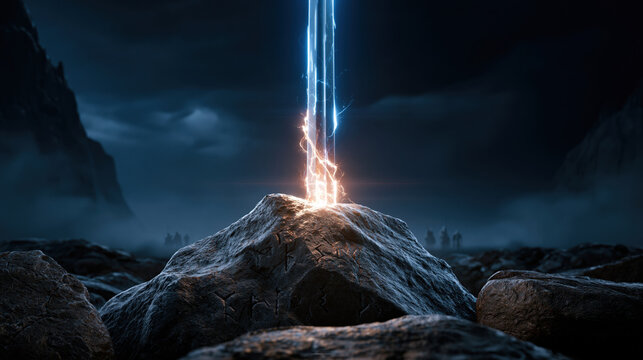 Fantasy landscape magic lightning glowing energy ancient stone night sky mysterious rock epic scene blue light orange spark cinematic atmosphere fantasy background with magic lightning striking