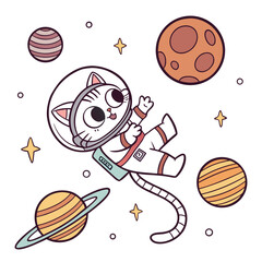 Cartoon vector illustration of a cat astronaut floating among planets and stars on a white background © md ruhul11