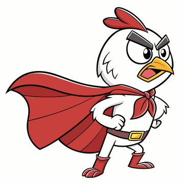 Cartoon vector illustration of an angry chicken superhero with a red cape and yellow beak rooster
