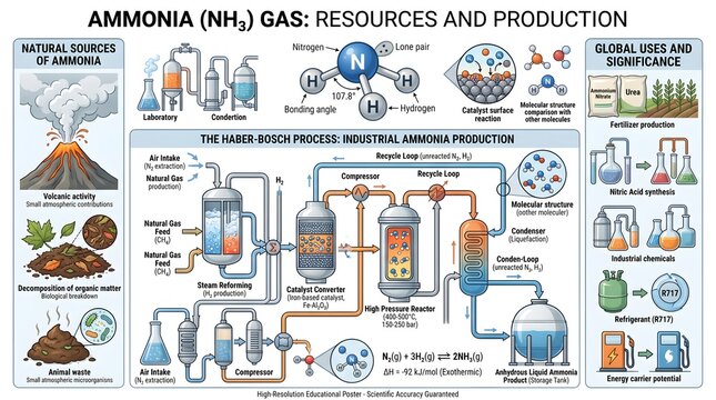 Ammonia (NH₃) Gas &ndash; Resources and Production: Natural Geological and Biological Sources, Detailed Haber&ndash;Bosch Industrial Process Flow, Global Uses in Fertilizers, Chemicals and Refrigeration, and Sign