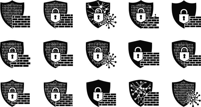 Cyber security shield silhouettes set with network firewall brick wall, padlock data protection icons and binary code templates for Adobe Stock