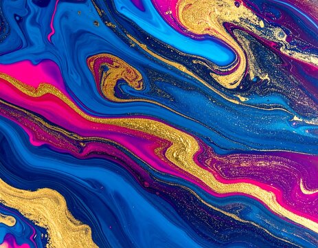 Abstract fluid art texture with vibrant blue pink and gold swirls