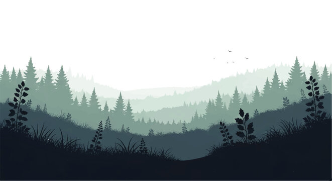 Serene misty forest landscape in vector flat design illustration style with layered evergreen trees and subtle fog