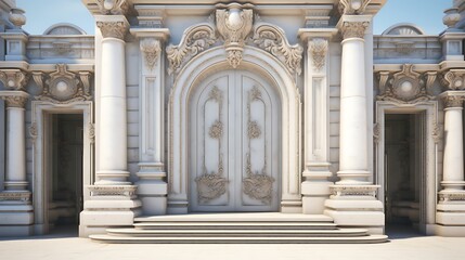 Fototapeta premium Neoclassical white marble facade with grand carved doors and majestic architectural columns.