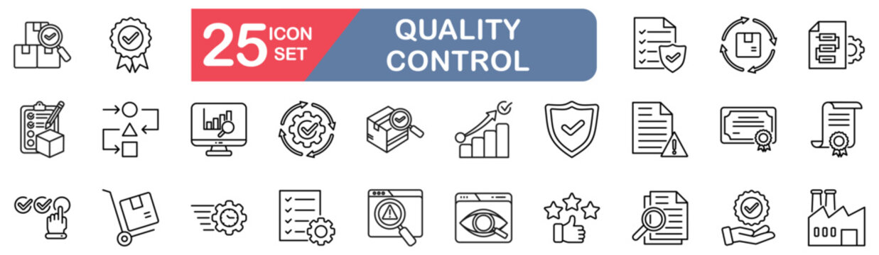 Quality control set of web icons in line style. vector illustration concept relate to quality, compliance, product, process, control