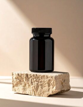 Dark glass supplement bottle mockup on a natural stone pedestal