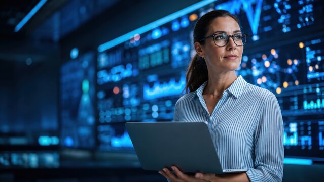 Female Engineer in Data Center Looking at Server Racks with Laptop.