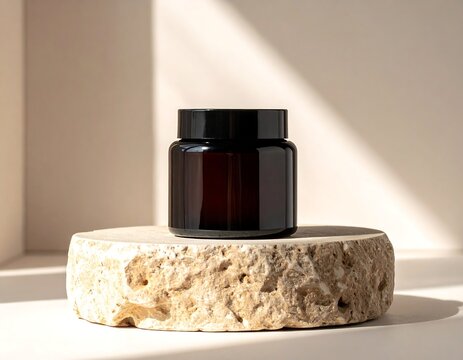 Dark glass supplement bottle mockup on a natural stone pedestal