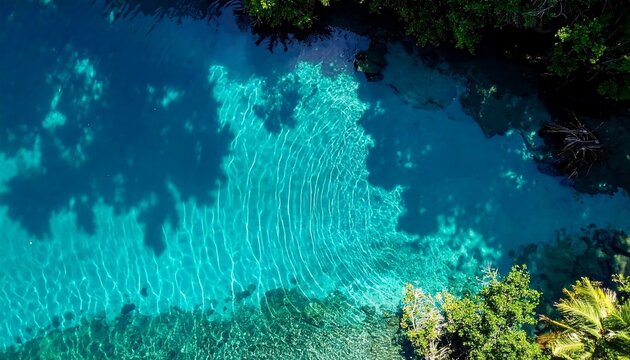 Aerial view of a pristine tropical lagoon with visible rocky bottom