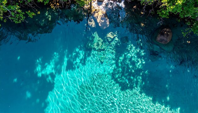Aerial view of a pristine tropical lagoon with visible rocky bottom