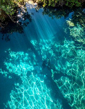 Aerial view of a pristine tropical lagoon with visible rocky bottom
