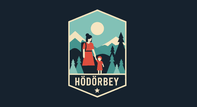 Outdoor hiking scene with pixelated mountains and pine tree