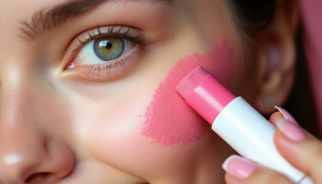 Woman applies pink blush stick to cheek. Closeup of face, makeup product, cosmetic application for natural glow. Beauty routine, skincare, healthy complexion.