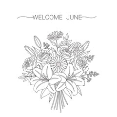 Fototapeta premium Hand-drawn welcome floral wreath illustration in black and white line art style