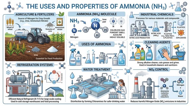 The Uses and Properties of Ammonia (NH₃): Comprehensive Guide to Molecular Structure, Physical and Chemical Characteristics, Agricultural Fertilizers, Cleaning Products, Refrigeration, Water Treatment