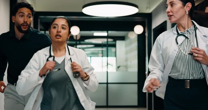 Doctors, running and worry in hospital with medical emergency, urgent patient crisis and ICU alert. People, rush together and healthcare team in hallway with panic, accident and hurry to save victim.