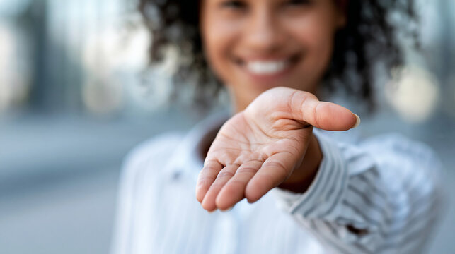 Close-up of a smiling professional woman stretching her hand forward in a greeting gesture, approachable leadership concept, outstretched hand photography, business welcome