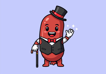 Obraz premium Delightful cartoon sausage character vector illustration, happily waving in a dapper top hat and waistcoat, a charming graphic asset for fun food-related or entertainment designs