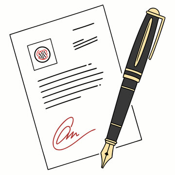 Signed contract document and fountain pen a flat vector illustration with a white background agreement accord