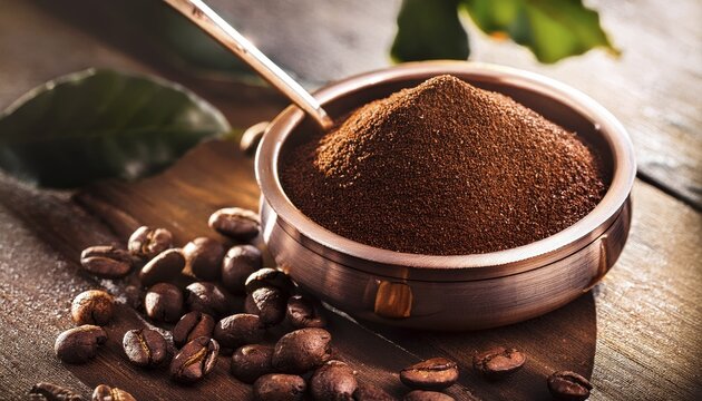 Ground coffee in Kelle, morning still life, golden hour light, AI generated