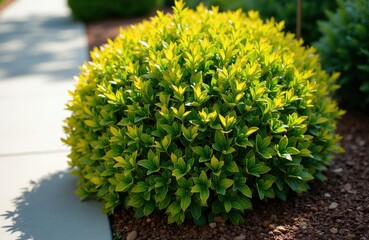 Naklejka premium Round variegated euonymus shrub with glossy green leaves has yellow edges. It grows near paved walkway in garden bed during bright daytime. Plant is neat and well manicured.