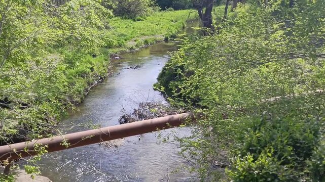 Pipes placed above the river in the forest in summer. dam, dam to retain water. Reservoir