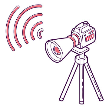 Digital single lens reflex camera on tripod with broadcast waves vector illustration with purple tones dslr