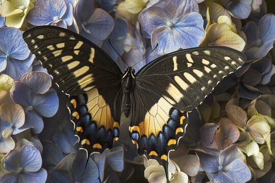 Close up of butterfly on hydrangea summer flowers. Generative Ai, AI generated