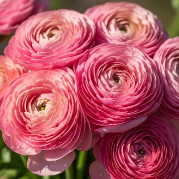 Close-up of Pink Ranunculus Flowers in Full Bloom.