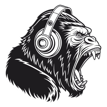 Vector illustration of an angry gorilla wearing headphones a black and white graphic design ape primate
