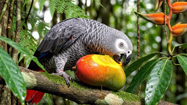 Gray parrot eating mango fruit.