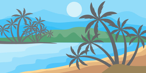 Obraz premium silhouette of coconut tree in flat style. illustration of palm tree in flat style. summer background. summer theme scenery 