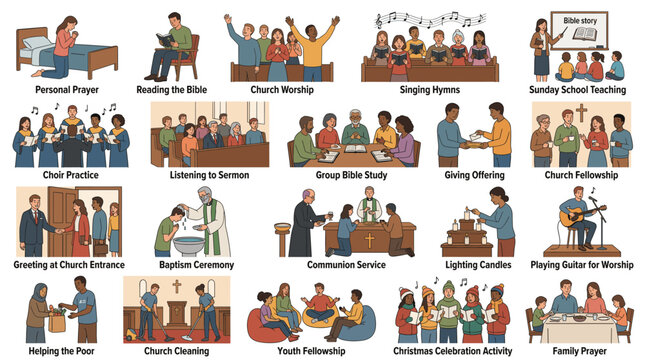 Collection of diverse people participating in christian church activities like worship prayer bible study baptism and choir singing in a flat vector style.