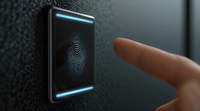 Biometric fingerprint scanner being activated by a finger in a dark office in a cinematic macro panning shot for cybersecurity marketing