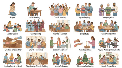 Fototapeta premium Collection of diverse people participating in church activities like praying reading bibles singing hymns attending sunday school and celebrating christmas in flat vector style.