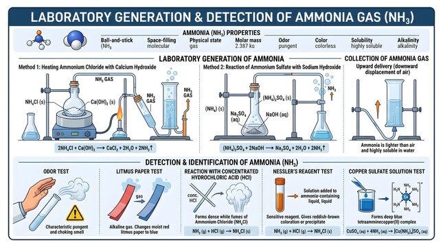 Laboratory Generation and Detection of Ammonia Gas (NH₃): Step‑by‑Step Methods Using Solid Reactants, Safe Gas Collection Techniques, Odor and Litmus Tests, and Classic Reactions Demonstrating the Bas