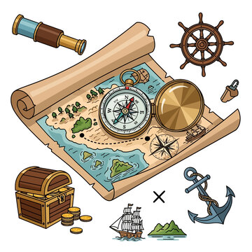 Treasure map with compass, chest, and ship illustration