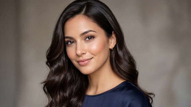 Beautiful young woman with a gentle smile looking directly at the camera in a professional studio headshot, conveying beauty, confidence, and natural charm.