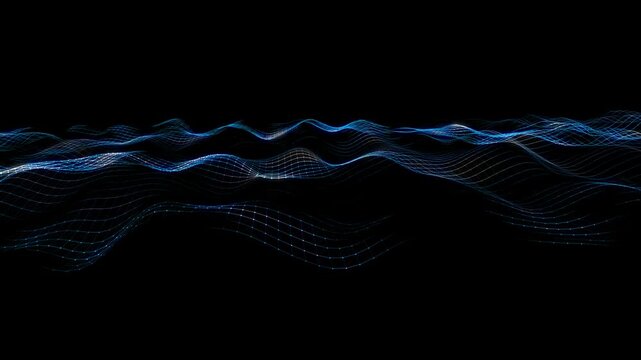 Abstract background with digital data in wave blue grid triangles on dark background. Concept dynamic waves in cyber quantum continuum. For technology, science and data visualization. 3d animation.